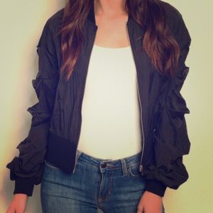 Black Windbreaker Pleated Bomber Jacket
